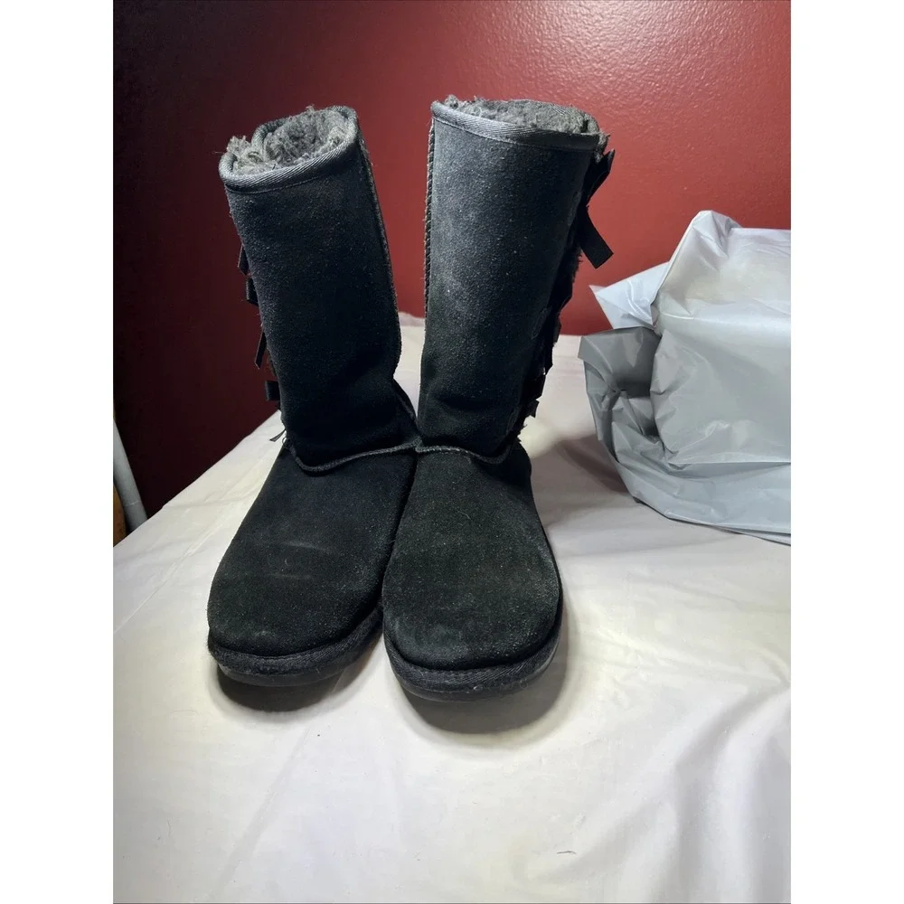 KOOLABURRA BY UGG VICTORIA TALL FAUX FUR BOW SUEDE BLACK WINTER SNOW BOOTS SZ 4